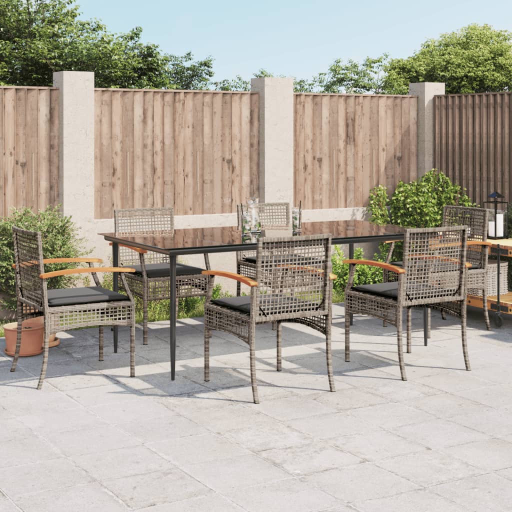 7 Piece Garden Dining Set with Cushions Grey Poly Rattan