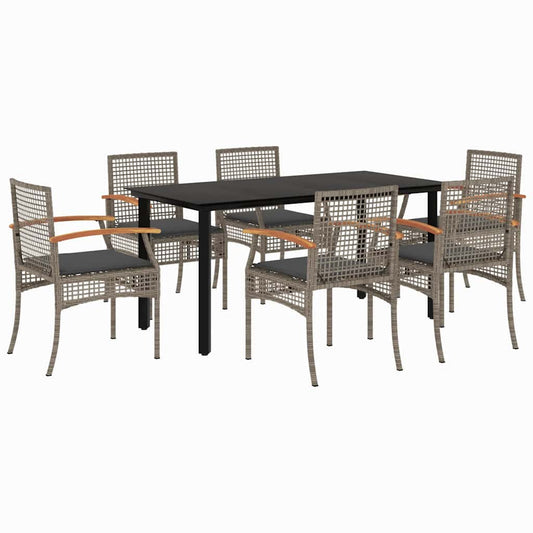 7 Piece Garden Dining Set with Cushions Grey Poly Rattan