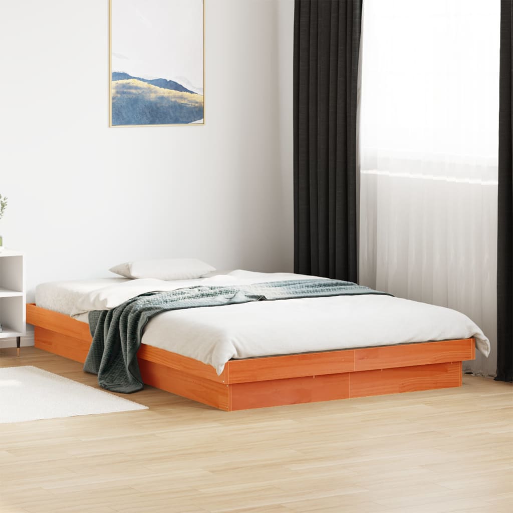 LED Bed Frame without Mattress Wax Brown 135x190 cm Double Solid Wood