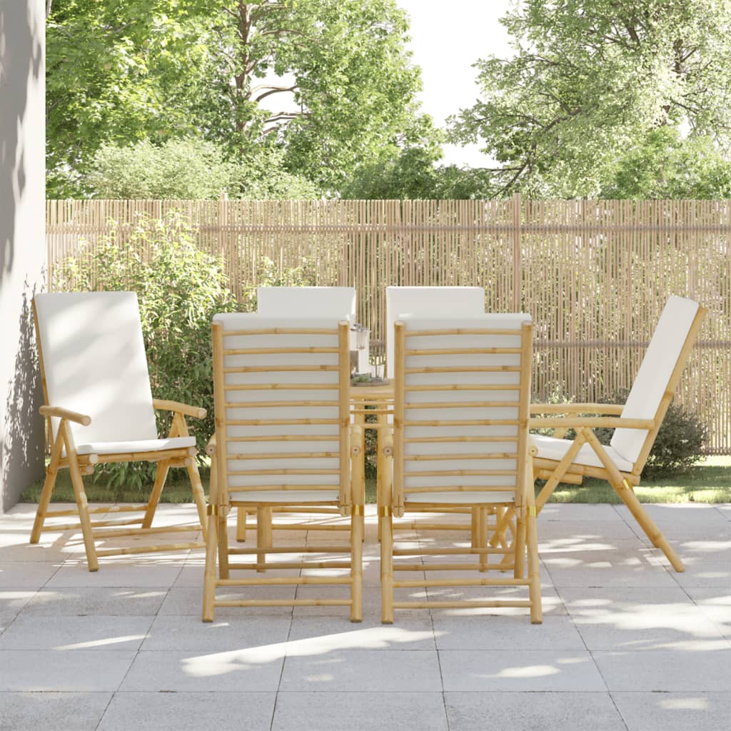6 Piece Folding Patio Reclining Chairs with Cream White Cushions Bamboo