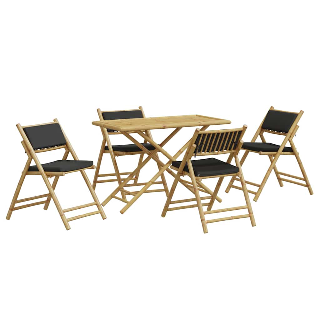 5 Piece Folding Bistro Set with Dark Gray Cushions Bamboo