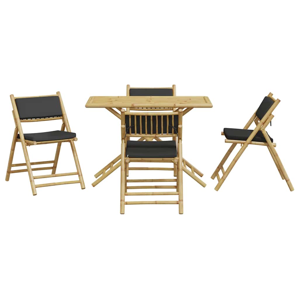 5 Piece Folding Bistro Set with Dark Gray Cushions Bamboo