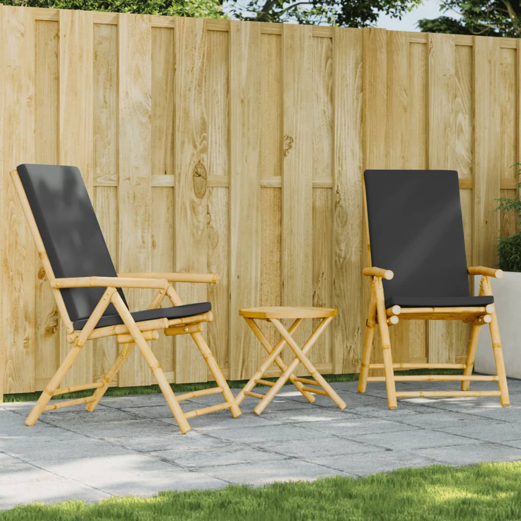 3 Piece Folding Bistro set with Dark Gray Cushions Bamboo