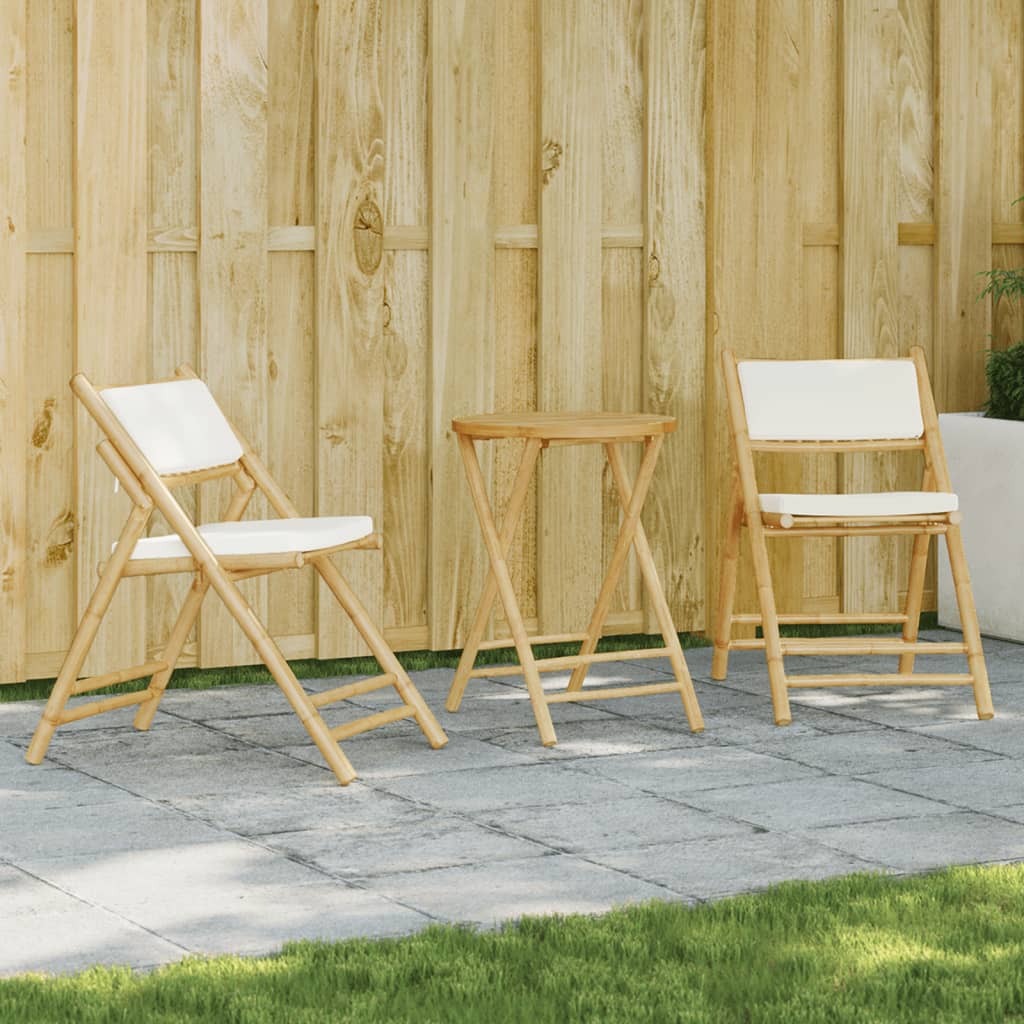 3 Piece Folding Bistro set with Cream White Cushions Bamboo