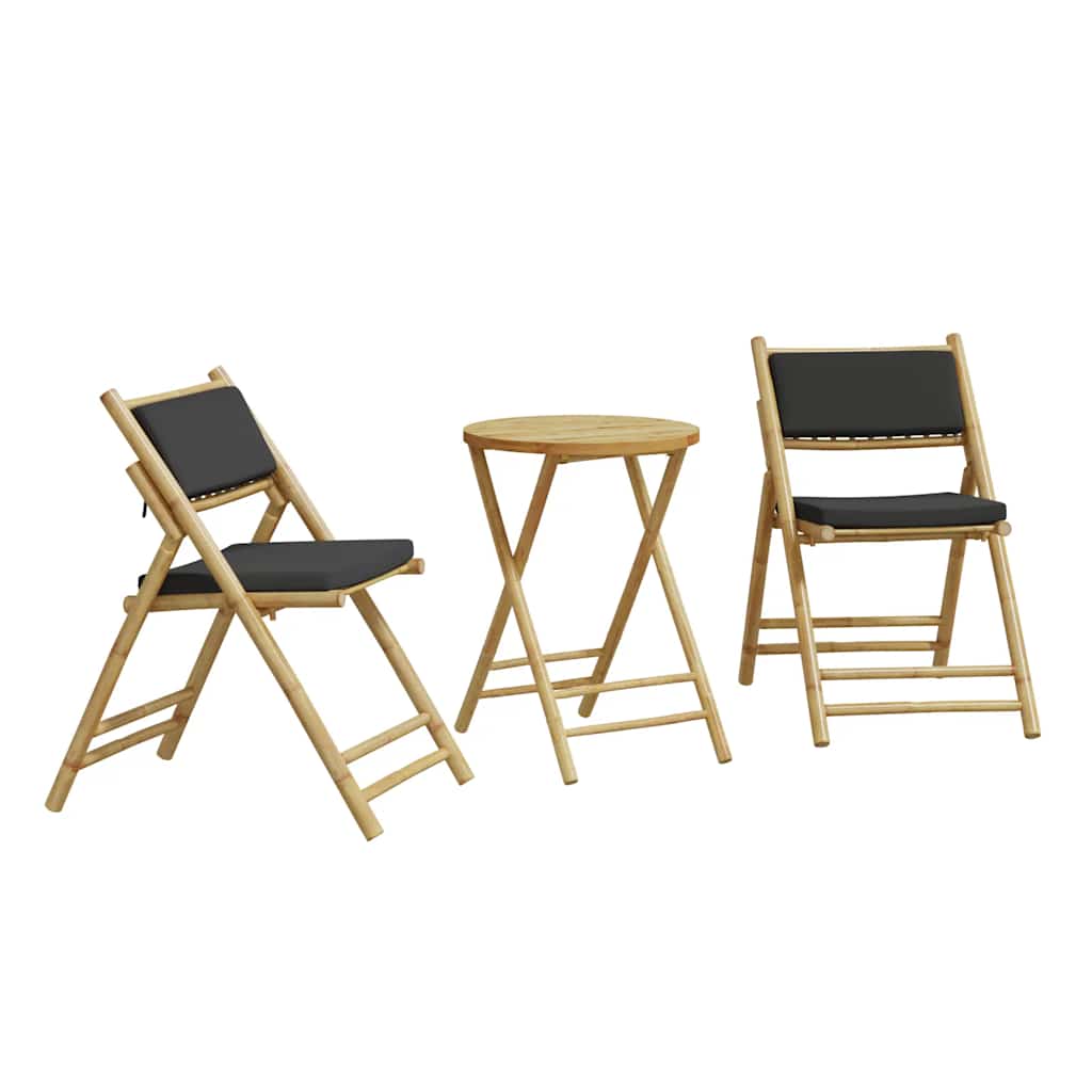 3 Piece Folding Bistro Set with Dark Gray Cushions Bamboo