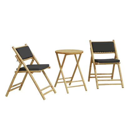 3 Piece Folding Bistro Set with Dark Gray Cushions Bamboo