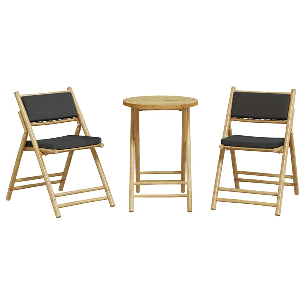 3 Piece Folding Bistro Set with Dark Gray Cushions Bamboo