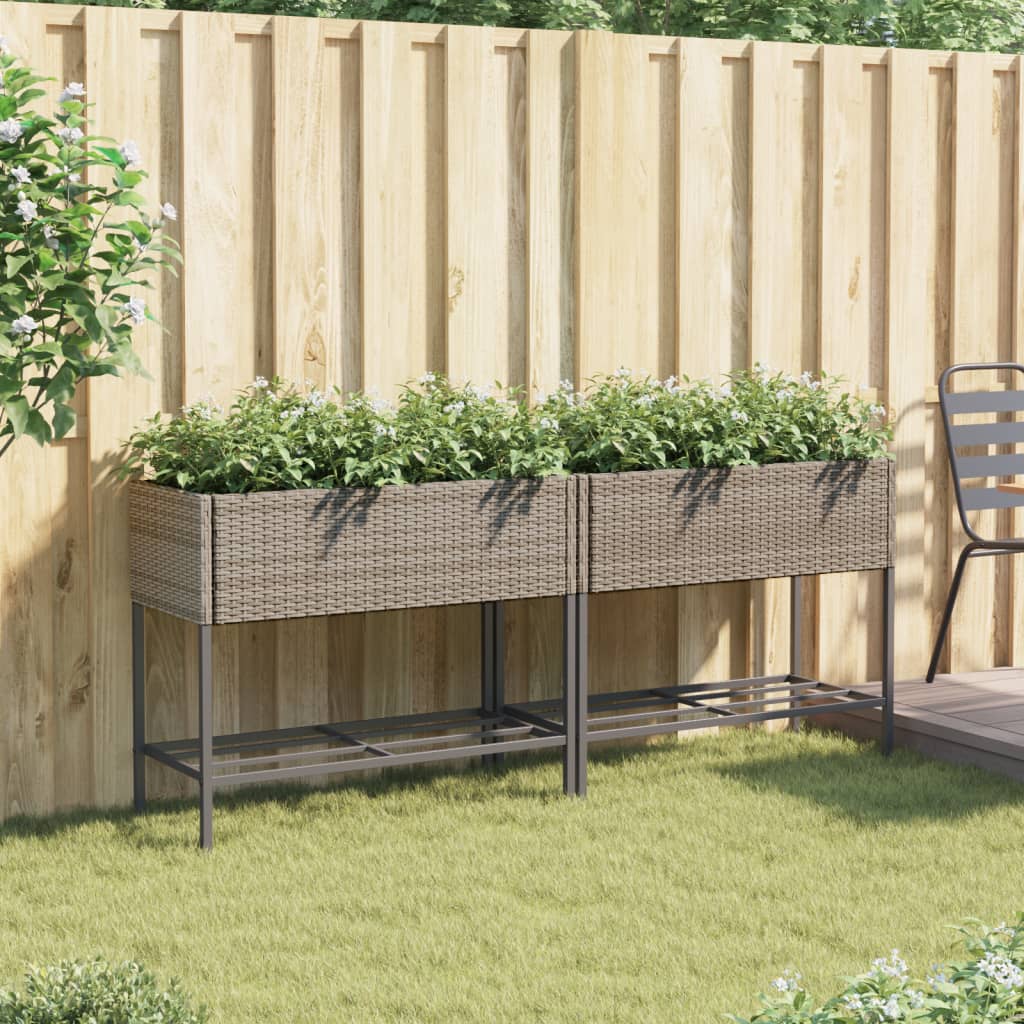 Garden Planters with Shelf 2 pcs Grey 90x40x75 cm Poly Rattan