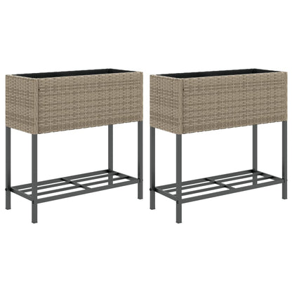 Garden Planters with Shelf 2 pcs Grey 70x28x70 cm Poly Rattan