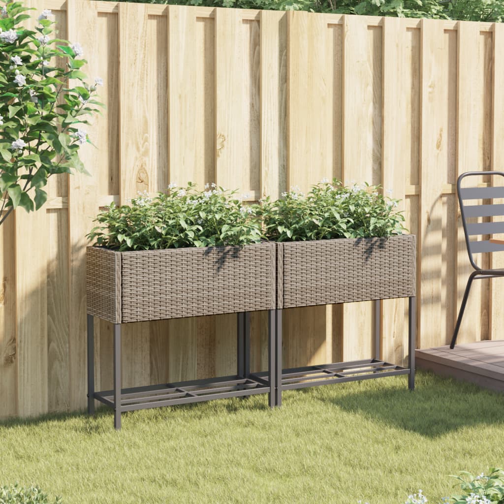 Garden Planters with Shelf 2 pcs Grey 70x28x70 cm Poly Rattan