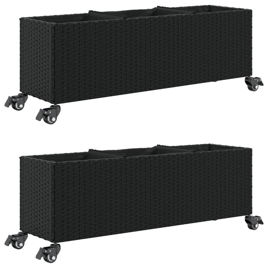 Garden Planters with Wheels 2 pcs Black 107x32x38 cm Poly Rattan