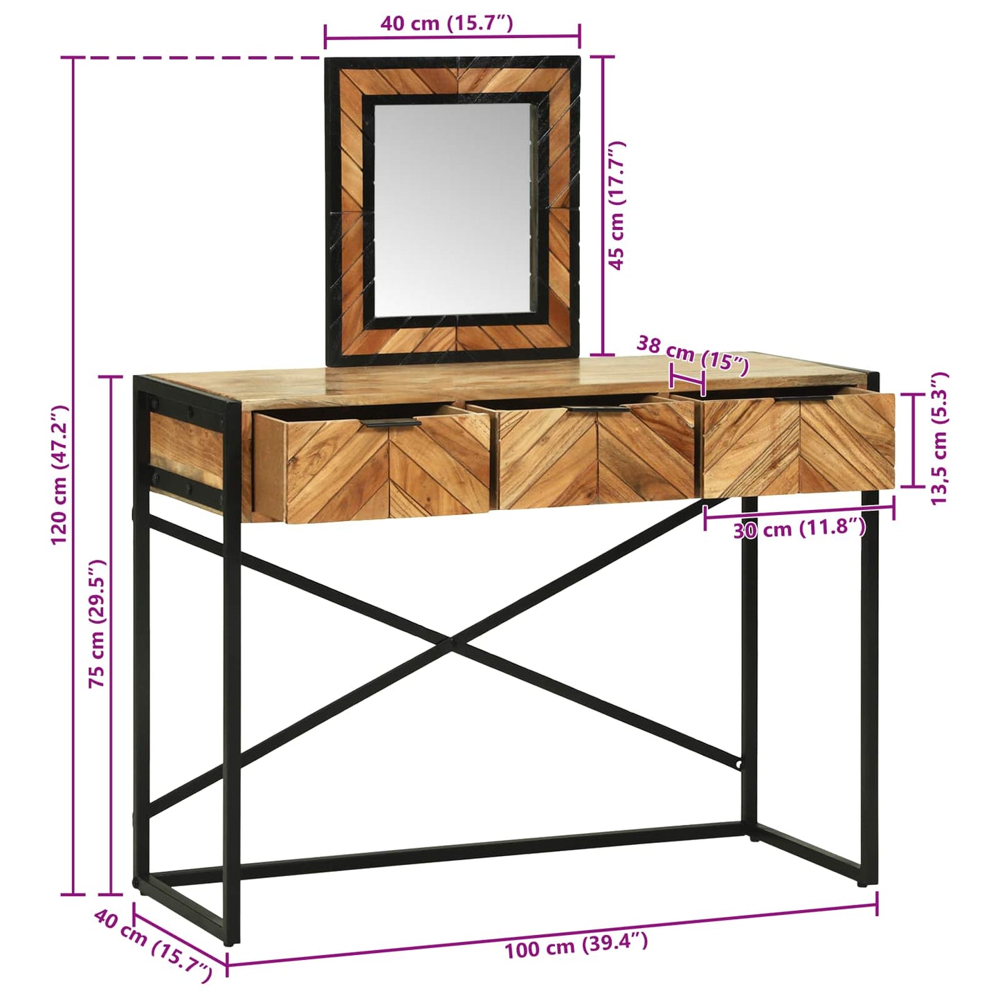 Dressing Table Brown 100 x 40 x 120 cm Solid Acacia Wood