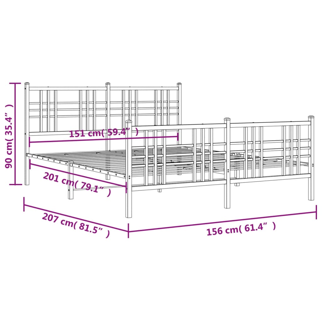 vidaXL Bed Frame Black Steel 59 x 79 in Rectangular Traditional