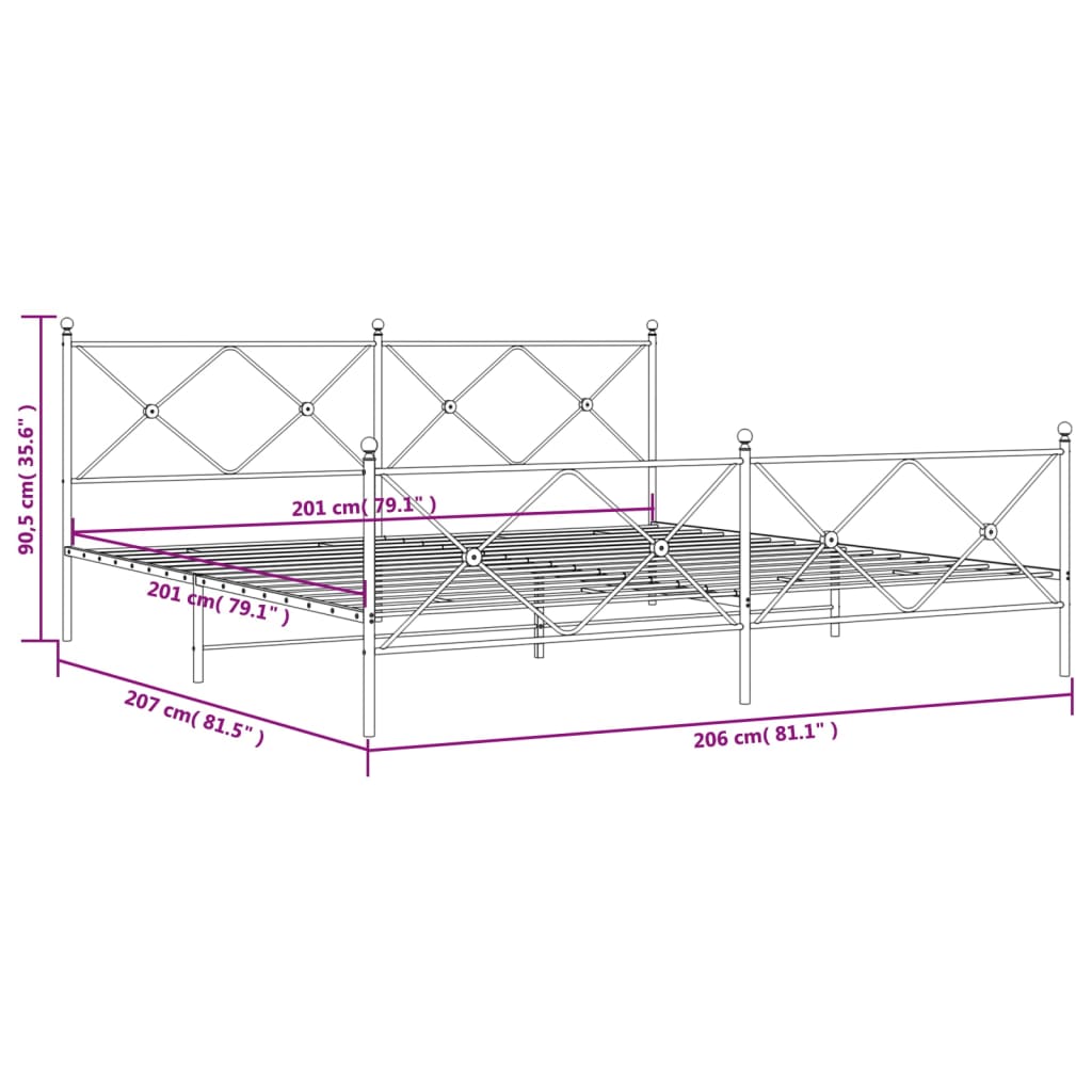 Metal Bed Frame without Mattress with Footboard White 200x200cm