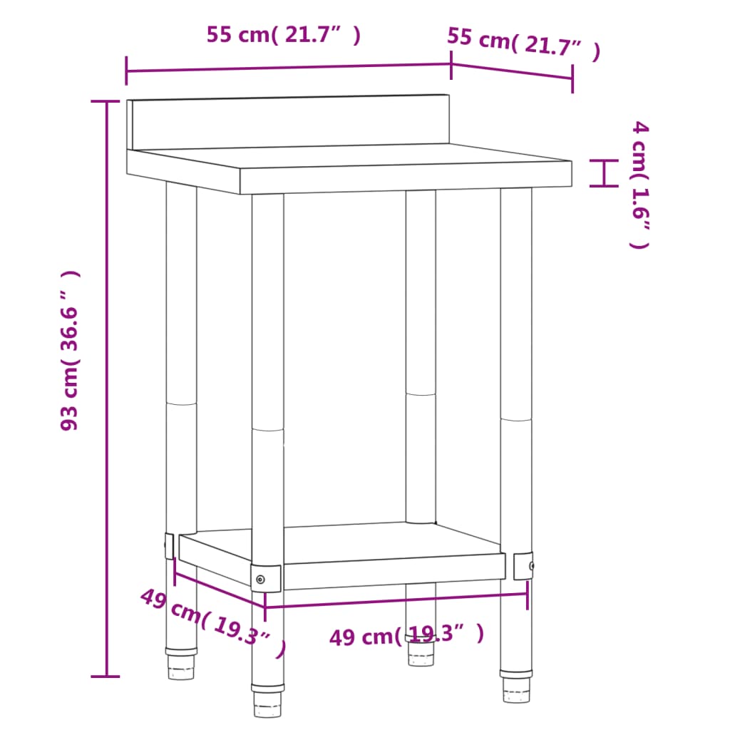 Kitchen Work Table with Backsplash 55x55x93 cm Stainless Steel