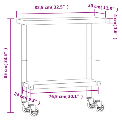 Kitchen Work Table with Wheels 82.5x30x85 cm Stainless Steel