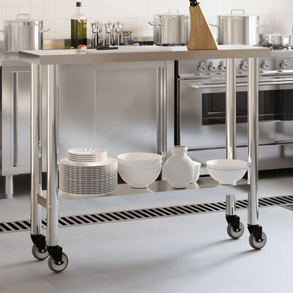 Kitchen Work Table with Wheels 110x30x85 cm Stainless Steel