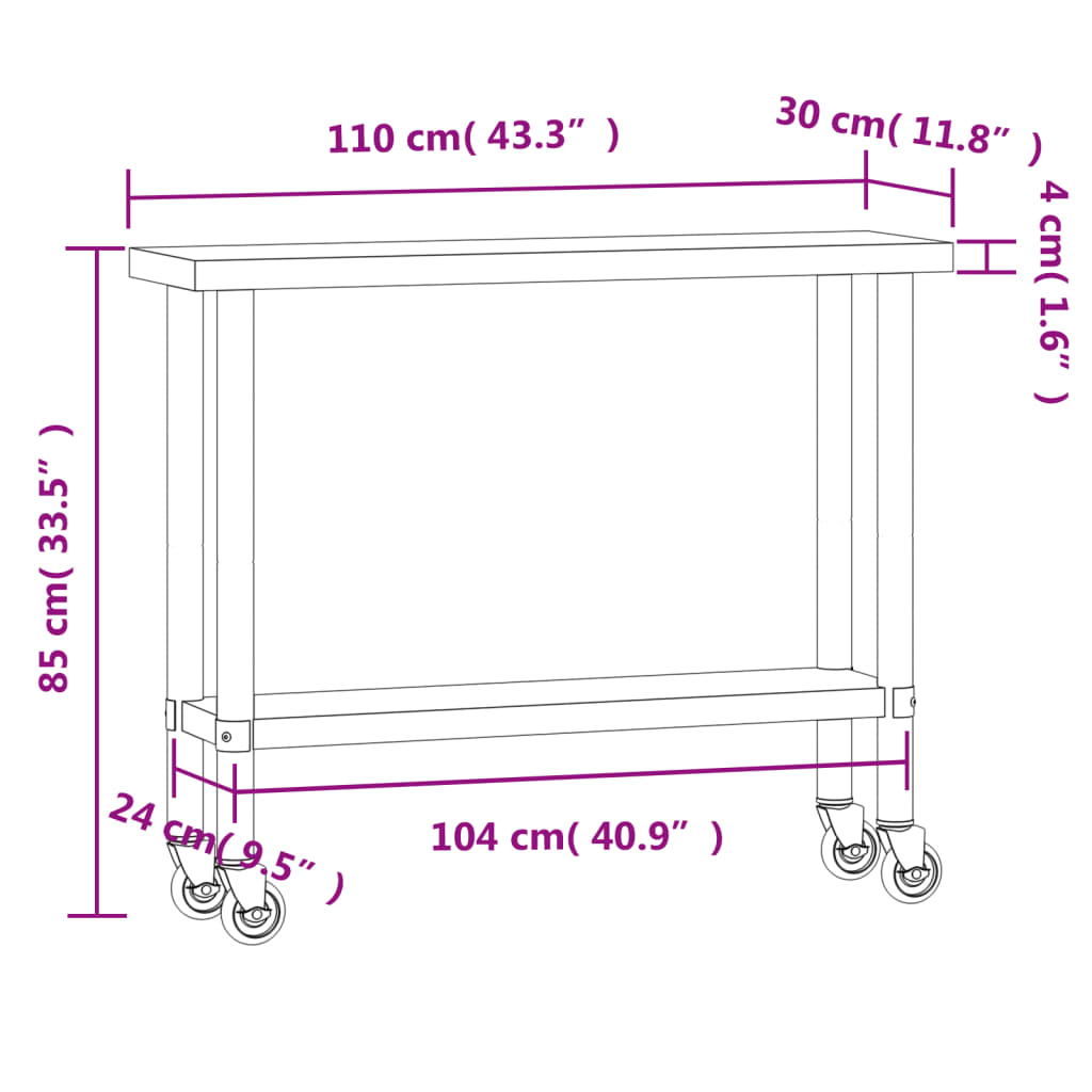 Kitchen Work Table with Wheels 110x30x85 cm Stainless Steel