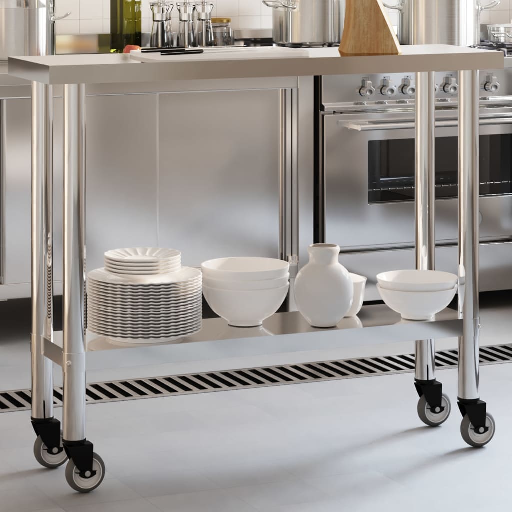 Kitchen Work Table with Wheels 110x30x85 cm Stainless Steel