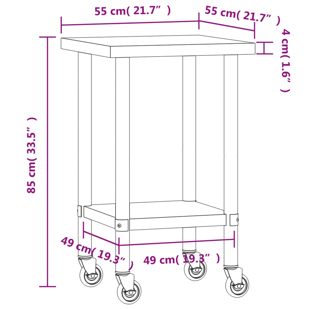 Kitchen Work Table with Wheels 55x55x85 cm Stainless Steel