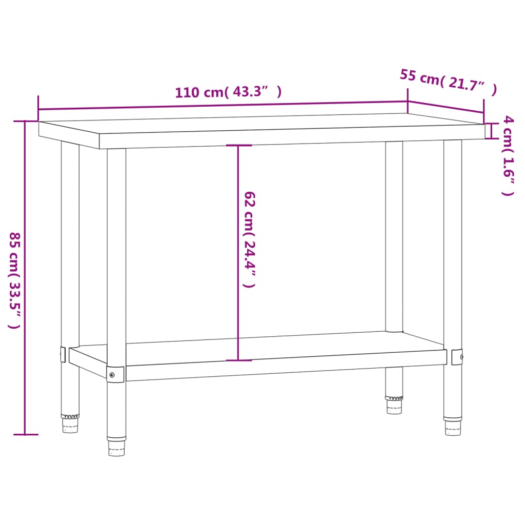 Kitchen Work Table 110x55x85 cm Stainless Steel