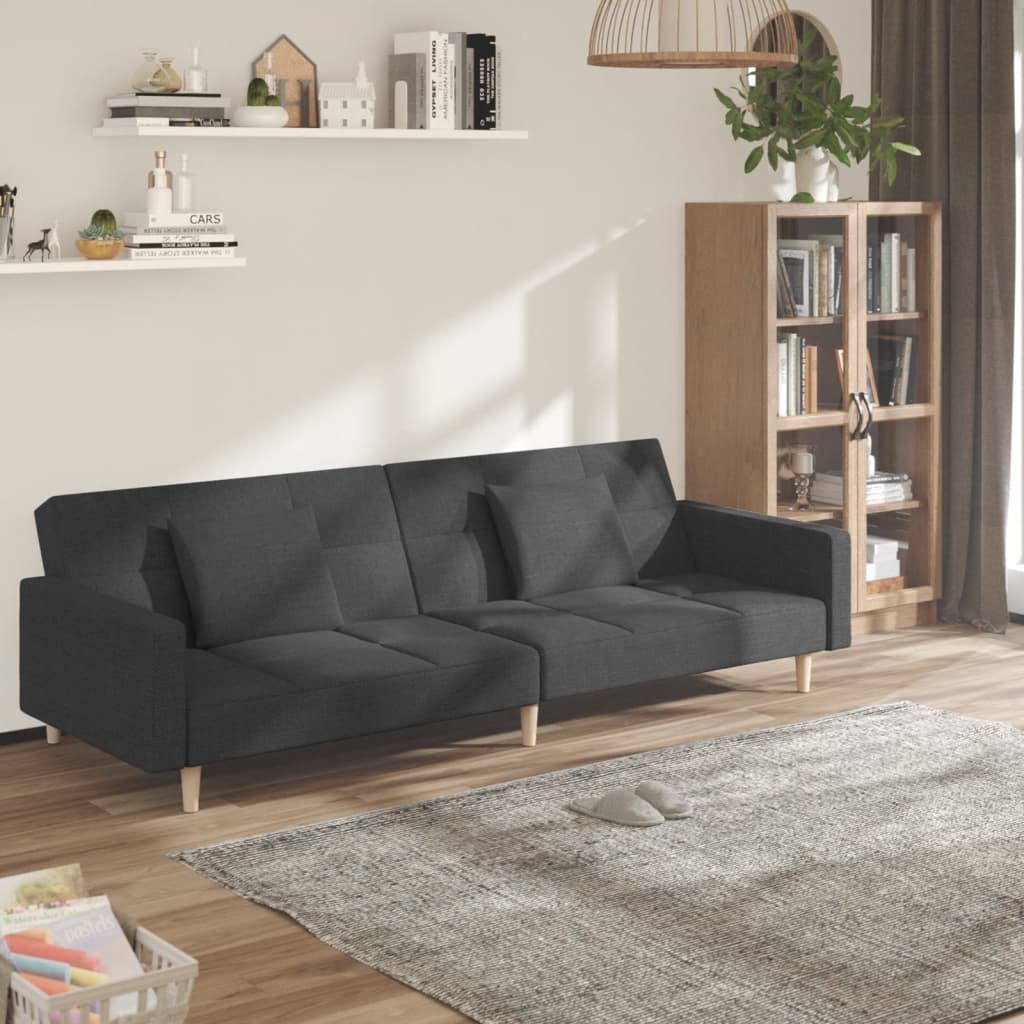 2-Seater Sofa Bed with Two Pillows Dark Gray Fabric