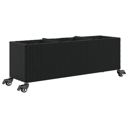 Garden Planter with Wheels and 3 Pots Black 107x32x38 cm Poly Rattan