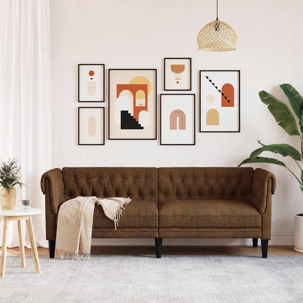 Chesterfield Sofa 3-Seater Brown Fabric