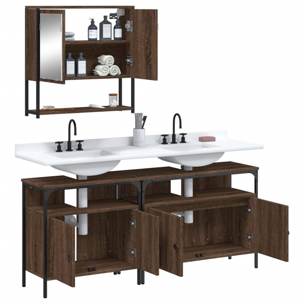 3 Piece Bathroom Furniture Set with Basin  Brown Oak Engineered Wood