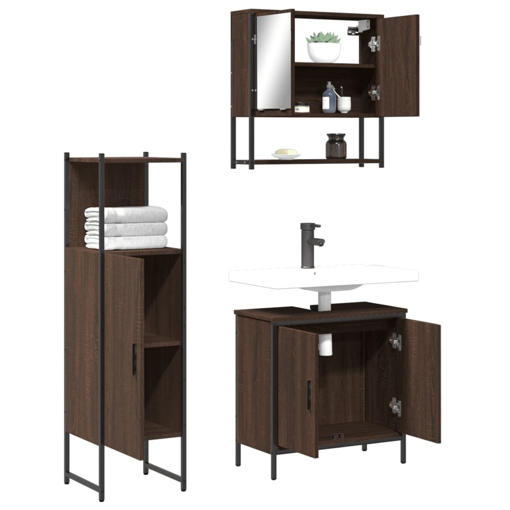 3 Piece Bathroom Furniture Set Brown Oak Engineered Wood