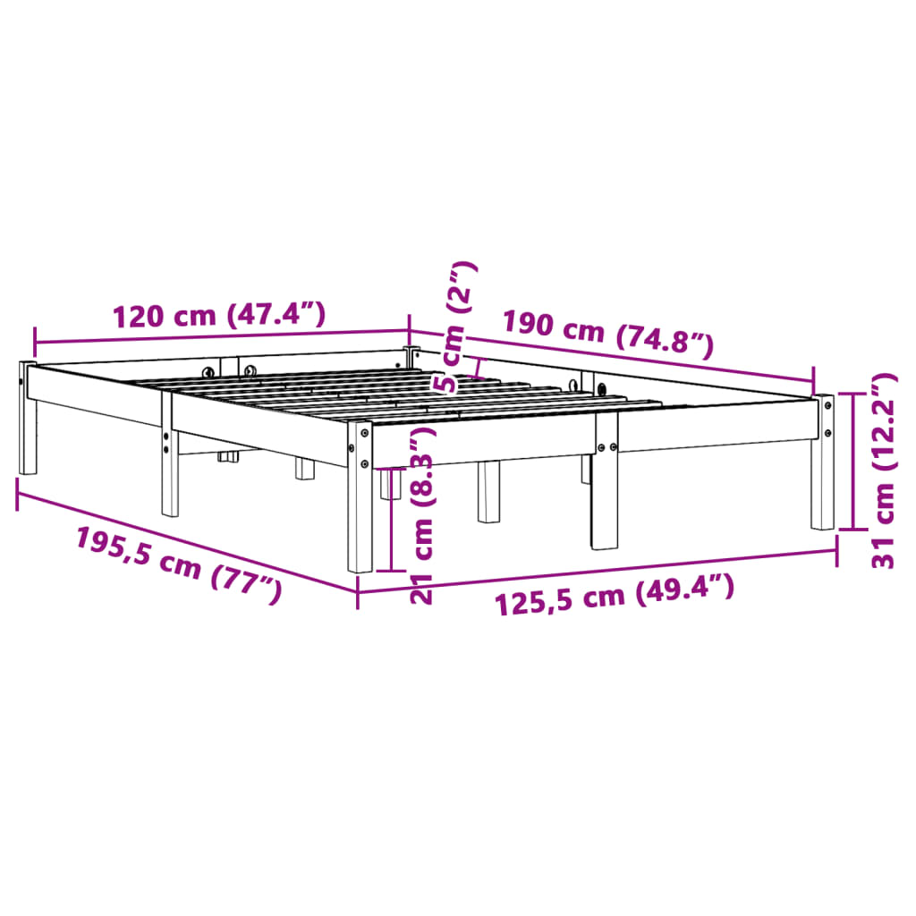 Bed Frame without Mattress Wax Brown 120x190 cm Small Double Solid Wood Pine