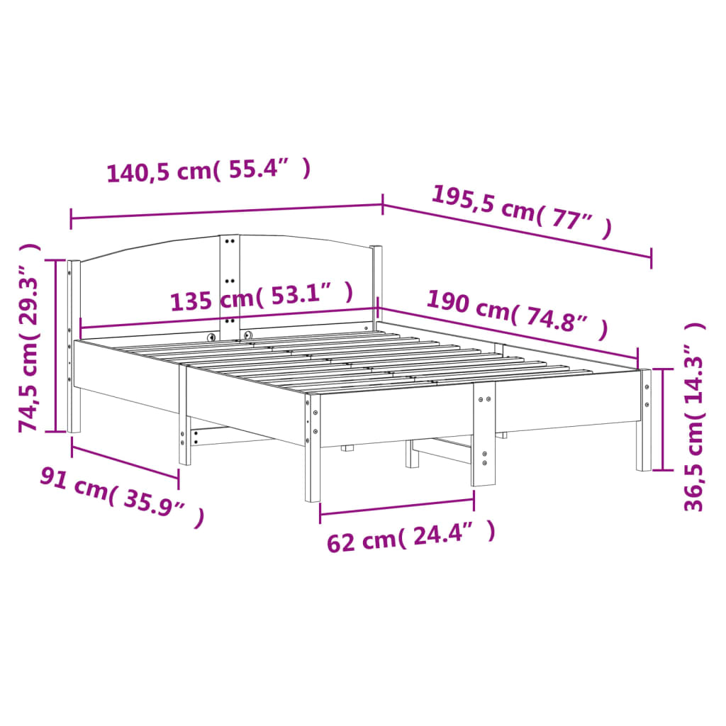 Bed Frame | White | Solid Pine Wood, Plywood | Double | Durable