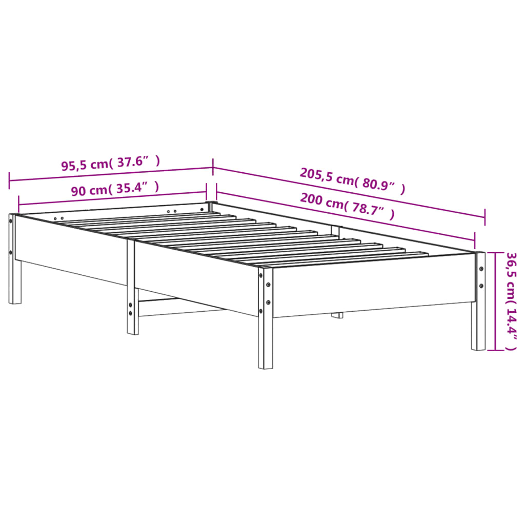Bed Frame | White | Solid pine wood, Plywood | 90x200 cm | Durable