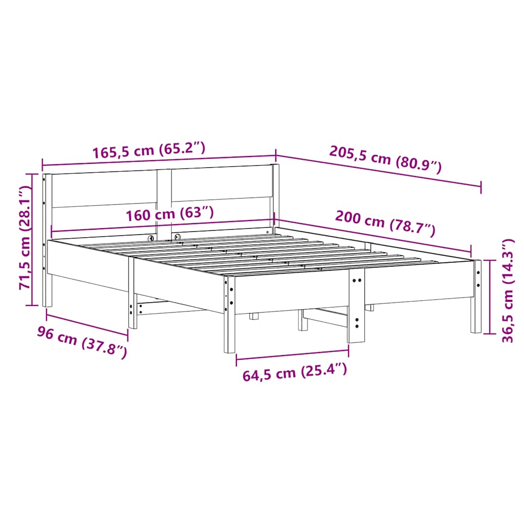 Bed Frame without Mattress White 160x200 cm Solid Wood Pine