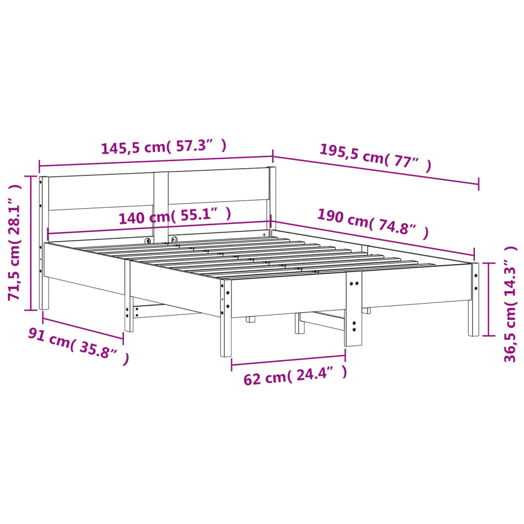 Bed Frame without Mattress White 140x190 cm Solid Wood Pine