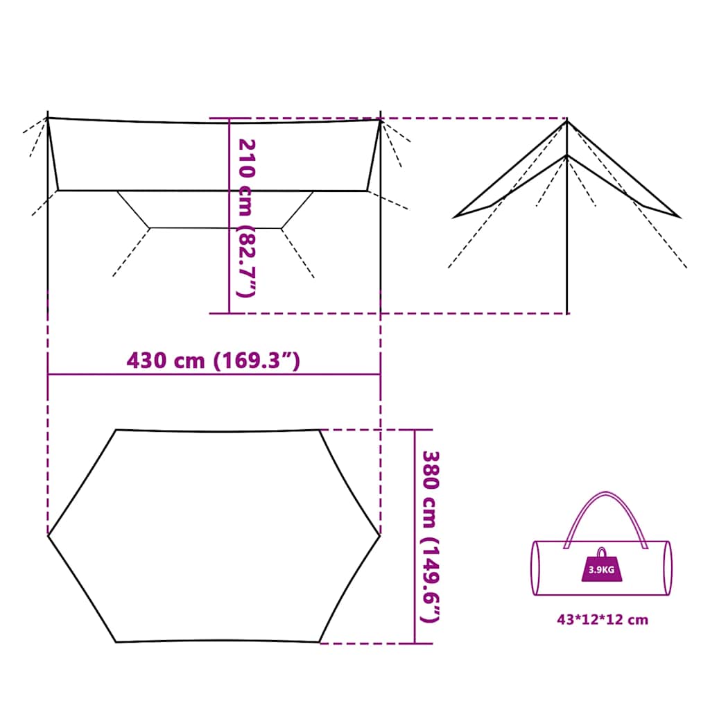 Camping Tarp Grey and Orange 430x380x210 cm Waterproof