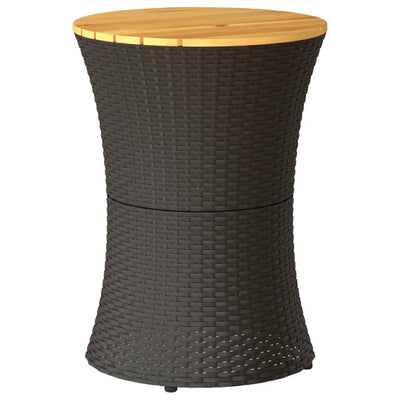 Patio Side Table Drum Shape Black Poly Rattan and Solid Wood