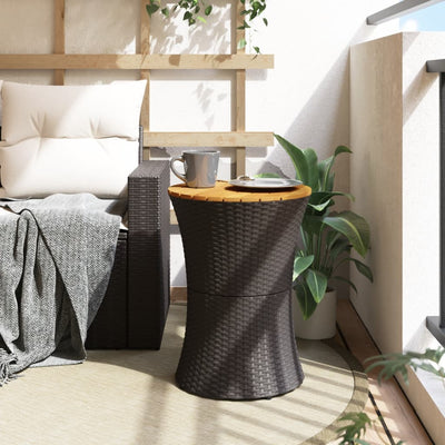 Patio Side Table Drum Shape Black Poly Rattan and Solid Wood