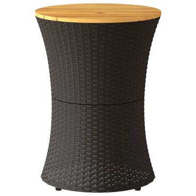 Patio Side Table Drum Shape Black Poly Rattan and Solid Wood