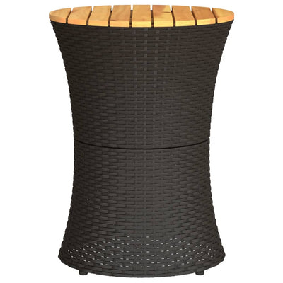 Patio Side Table Drum Shape Black Poly Rattan and Solid Wood