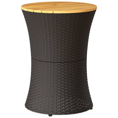 Patio Side Table Drum Shape Black Poly Rattan and Solid Wood