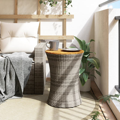 Patio Side Table Drum Shape Gray Poly Rattan and Solid Wood