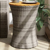 Patio Side Table Drum Shape Gray Poly Rattan and Solid Wood