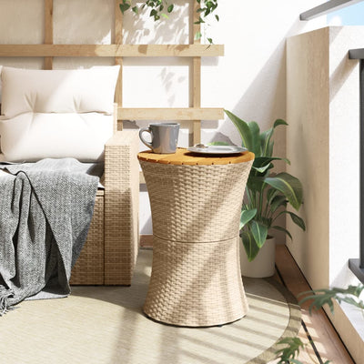Patio Side Table Drum Shape Beige Poly Rattan and Solid Wood