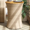 Patio Side Table Drum Shape Beige Poly Rattan and Solid Wood