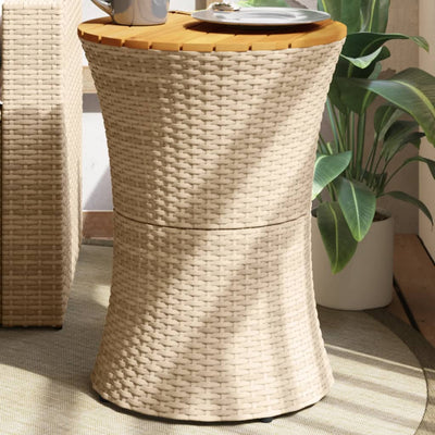 Patio Side Table Drum Shape Beige Poly Rattan and Solid Wood
