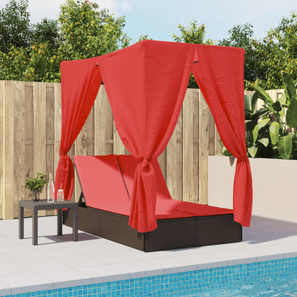 Double Patio Sun Lounger with Roof and Curtains Brown Poly Rattan