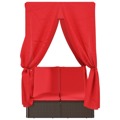 Double Patio Sun Lounger with Roof and Curtains Brown Poly Rattan