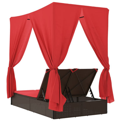 Double Patio Sun Lounger with Roof and Curtains Brown Poly Rattan