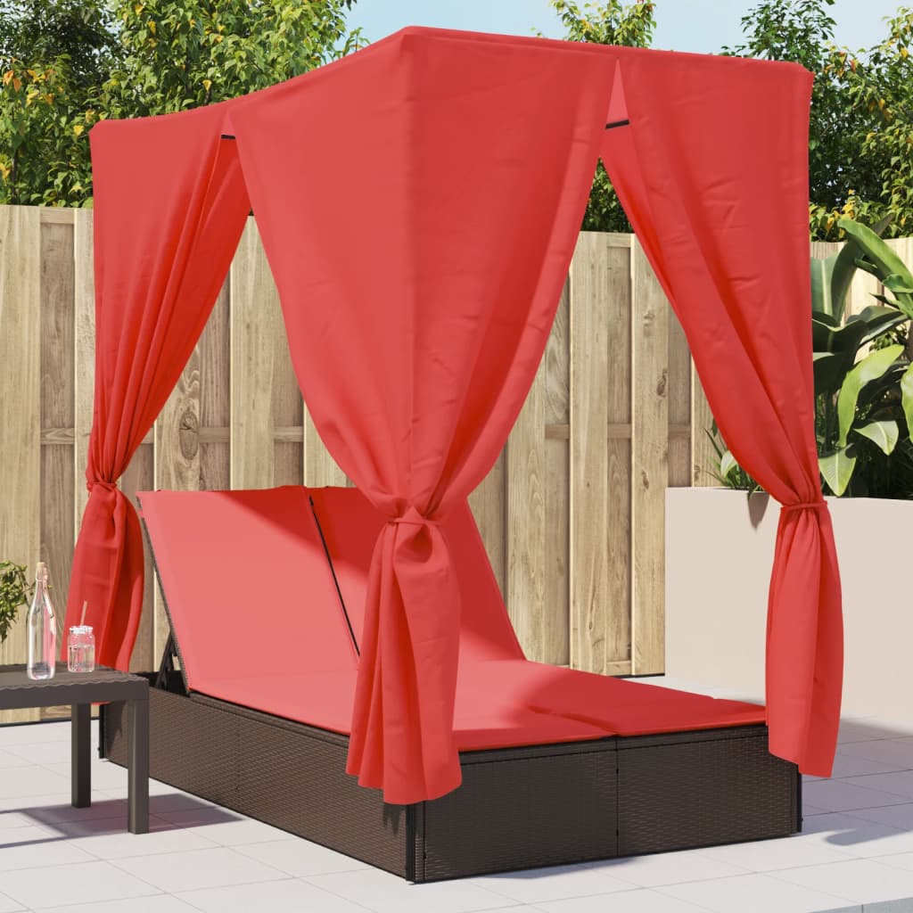 Double Patio Sun Lounger with Roof and Curtains Brown Poly Rattan